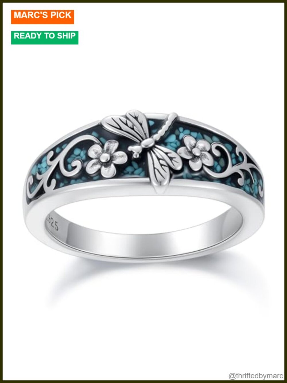 925 Sterling Silver Turquoise Dragonfly Ring Size 7 Boho Western Jewelry Gift